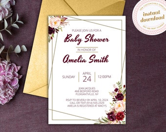 Printable Baby Shower Invitation | Burgundy and Pink Flowers, Gold Frame | INSTANT DOWNLOAD | Template Only | Printable Editable Template