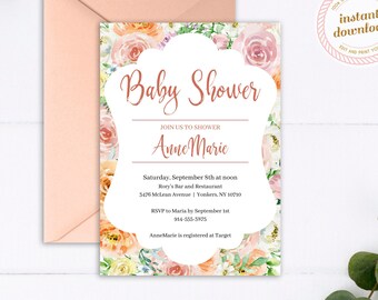 Printable Baby Shower Invitation | Watercolor Roses Background and Frame | INSTANT DOWNLOAD | Template Only | Printable Editable Template