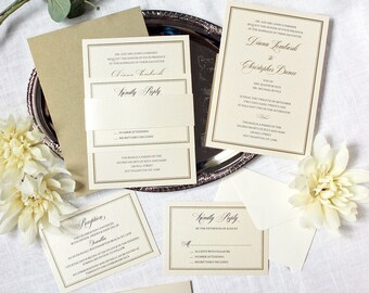 Classic Black and Gold Wedding Invitation Suite with Simple Double Line Border | Semi-Custom Invitation