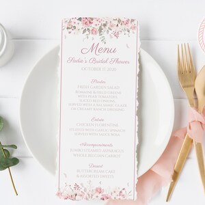 Menukaarten voor bruidsdouche met mooie roze bloemen | Twee maten | DIRECT DOWNLOADEN | Alleen sjabloon | Afdrukbare, bewerkbare sjabloon