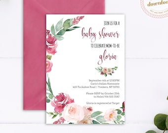 Printable Baby Shower Invitation | Watercolor Pink Floral Wreath  | INSTANT DOWNLOAD | Template Only | Printable Editable Template