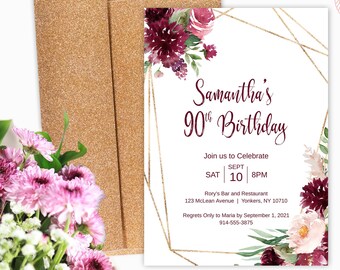 Milestone 90th Birthday Invitation with Burgundy Florals and Gold Frame | INSTANT DOWNLOAD | Template Only | Printable, Editable Template