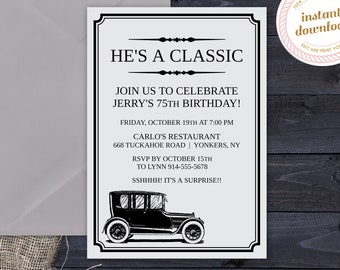 Milestone Men's 75th Birthday Invitation | He's a Classic | Classic Car | INSTANT DOWNLOAD | Template Only | Printable Editable Template