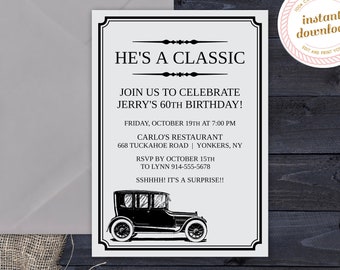 Milestone Men's 60th Birthday Invitation | He's a Classic | Classic Car | INSTANT DOWNLOAD | Template Only | Printable Editable Template