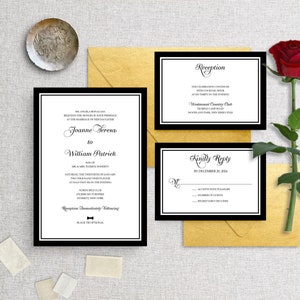 Classic Black and White Wedding Invitation Suite with Simple Lined Border | Semi-Custom Invitation