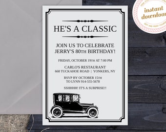 Milestone Men's 80th Birthday Invitation | He's a Classic | Classic Car | INSTANT DOWNLOAD | Template Only | Printable Editable Template