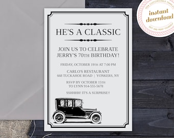 Milestone Men's 70th Birthday Invitation | He's a Classic | Classic Car | INSTANT DOWNLOAD | Template Only | Printable Editable Template