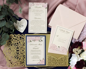 Floral Wedding Invitation Suite | Pink Roses and Peonies | Semi-Custom Invitation | Add-On Lasercut Lace Enclosures & Thermography Printing