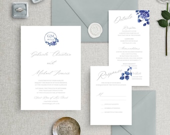 Monogram Wreath Chinoiserie Inspired Wedding Invitation Suite | Semi-Custom Wedding Invitations | Blue and White Wedding Invitations