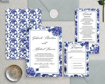 Chinoiserie Inspired Wedding Invitation Suite | Semi-Custom Invitations  Blue and White Wedding