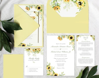 Bright Sunflower Wedding Invitation Suite | Sorbet Yellow Envelopes and Sunflower Envelope Liner (Sold Separately) | Semi-Custom Invitations