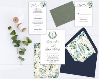 Eucalyptus Wreath Wedding Invitation Suite | Monogram with Watercolor Green and Blue Eucalyptus and Gold Foliage | Semi-Custom Invitations