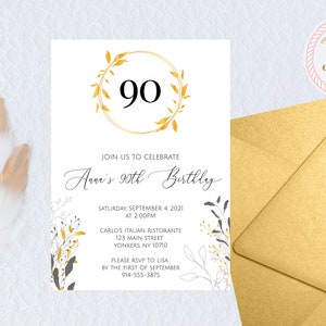 Ninetieth Birthday Party Invitation with Modern Foliage in Black and Gold | INSTANT DOWNLOAD | Template Only | Printable, Editable Template