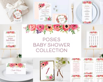 Baby Shower Invitation & Stationery Pink Posies Bundle | 32 File Collection | INSTANT DOWNLOAD | Template Only | Printable Editable Template