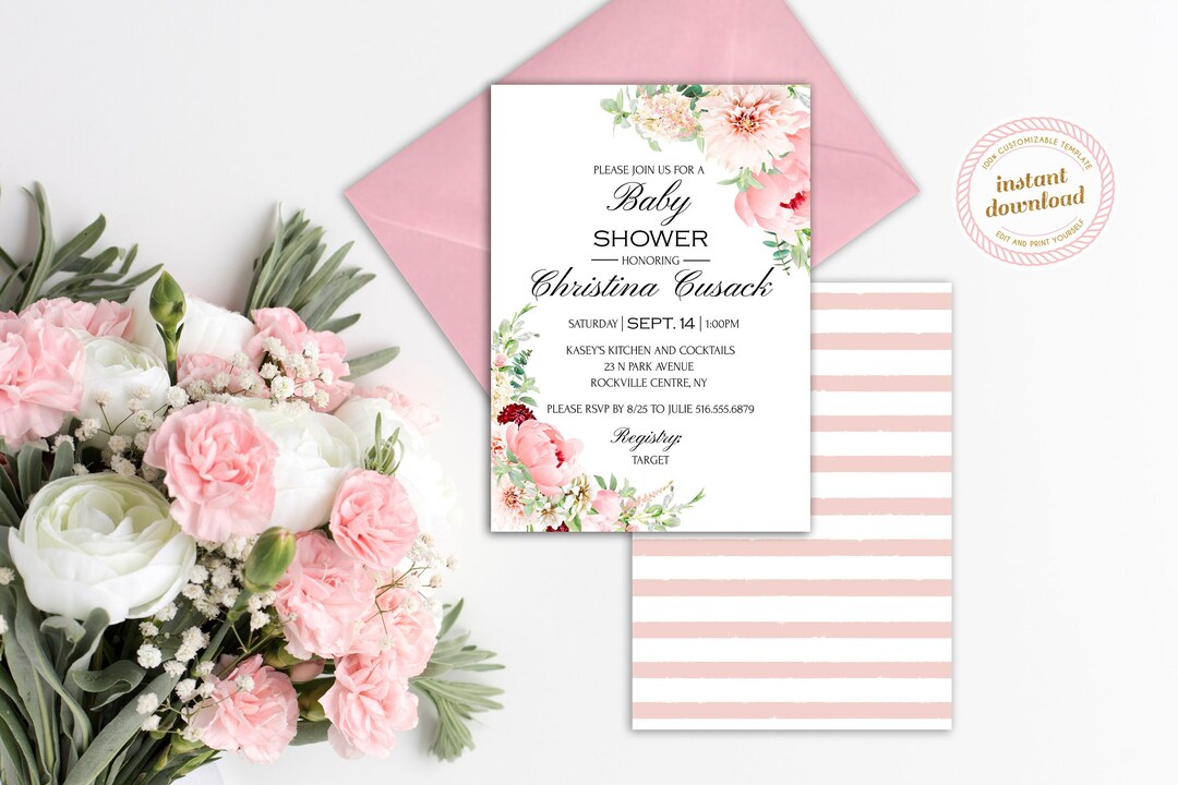 Printable Baby Shower Invitation | Pink Peony Flowers | INSTANT DOWNLOAD | Template Only ...