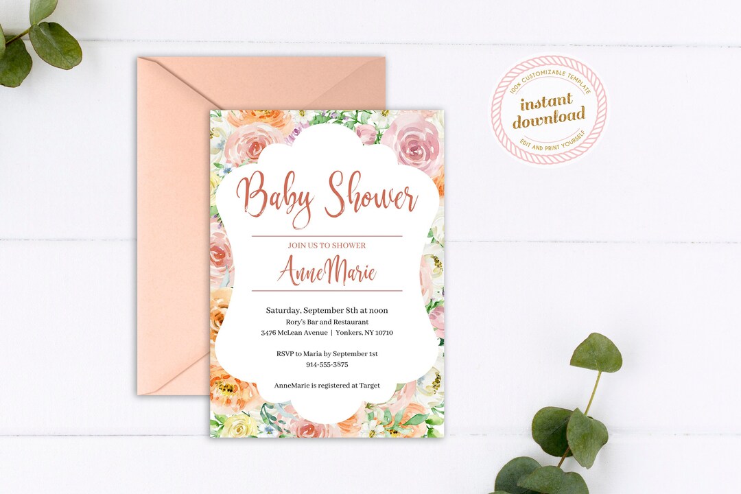 Printable Baby Shower Invitation Watercolor Roses Background and Frame ...