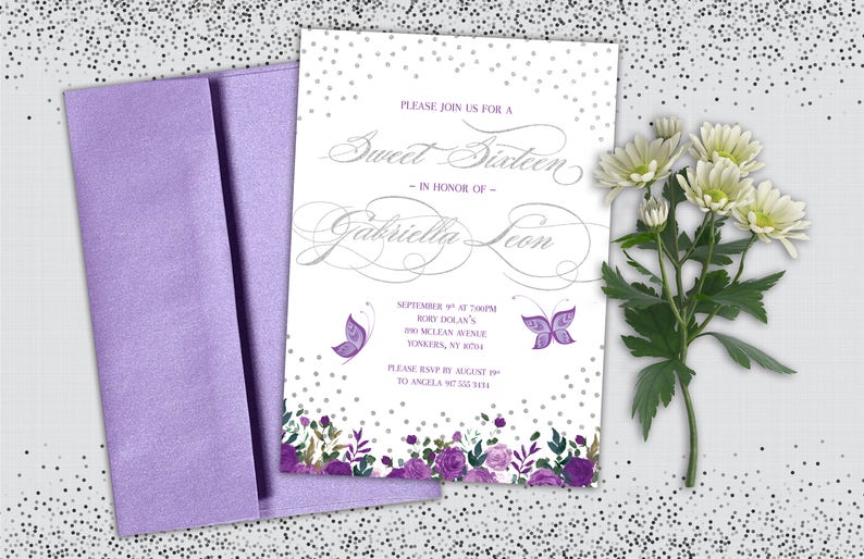 Butterfly and Flowers Sweet 16 Birthday Party Invitation