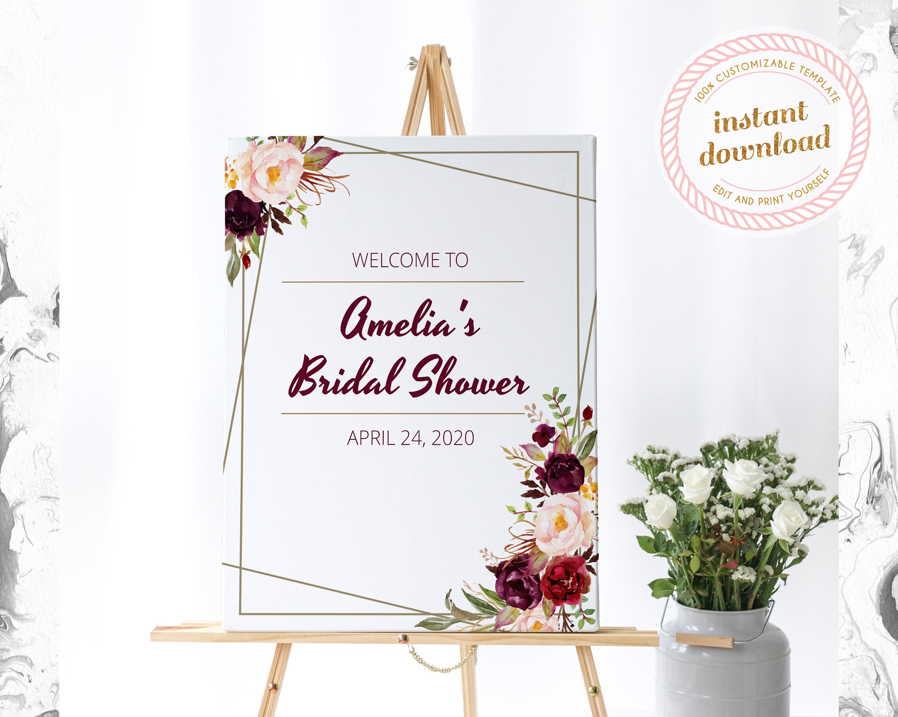 Bridal Shower Welcome Sign With Burgundy Flowers INSTANT DOWNLOAD 4 ...