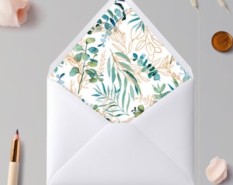 Eucalyptus Printed A7 Envelope Liners (Envelopes Included) for Wedding, Birthday, or Event Invitations | Eucalyptus and Gold Foliage Design