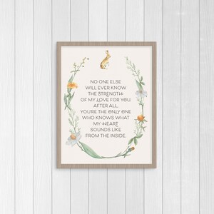 May include: A printable art print with a floral wreath design and a quote that reads: "No one else will ever know the strength of my love for you. After all, you're the only one who knows what my heart sounds like from the inside."