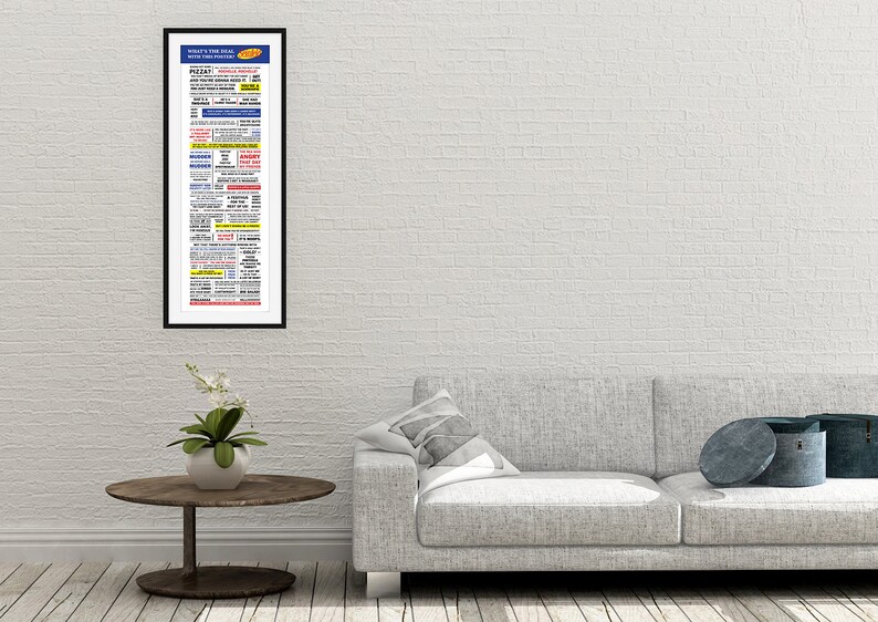 May include: A framed black and white poster with the text "What's the Deal with Your Pizza?" and a list of pizza toppings and their descriptions.