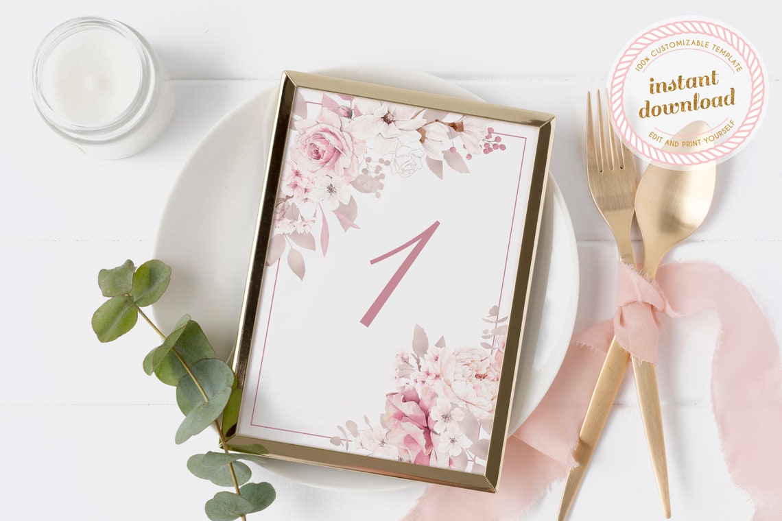 Bridal Shower Table Numbers With Pretty Pink Flowers Two Sizes INSTANT