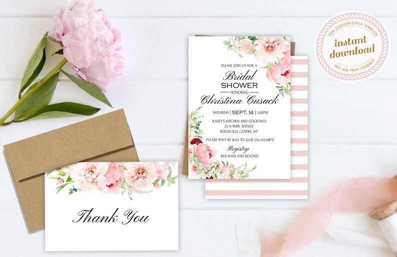 Instant Download Template Only Printable Editable Template Bridal Shower Invitation And Thank You Card Set With Pink Flowers Paper Party Supplies Invitations Announcements Brainchild Net