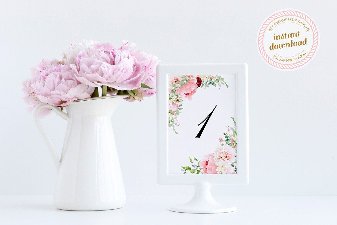 Bridal Shower Table Numbers With Pink Flowers Two Sizes Etsy