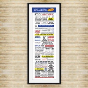 May include: A white poster with a black frame featuring a humorous Seinfeld-themed design. The poster includes a list of phrases and words related to the show, such as "Pizza?", "You're a Schmoopi", "She's a Two-Face", "Close Talker", "Man Hands", "Mudder", "The Sea Has Angry That Day", "A Festivus for the Rest of Us", "It's Moops - Gold!" and "Stellllaaaa!"