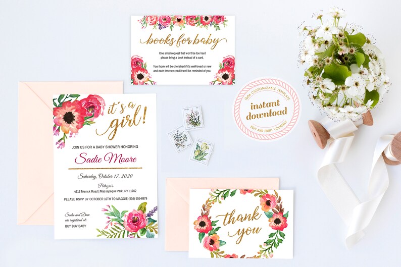 INSTANT DOWNLOAD Template Only Editable Template Thank You /& Books for Baby Cards with Pink Posies Baby Shower Invitation Printable