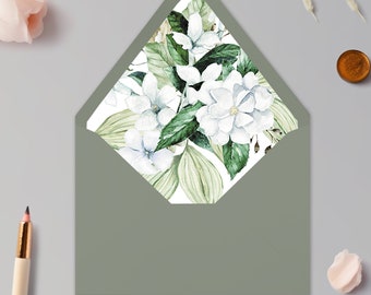Printed A7 Envelope Liners | Whit Flowers and Lush Greenery | (Envelopes Included) for Wedding, Birthday, or Event Invitations