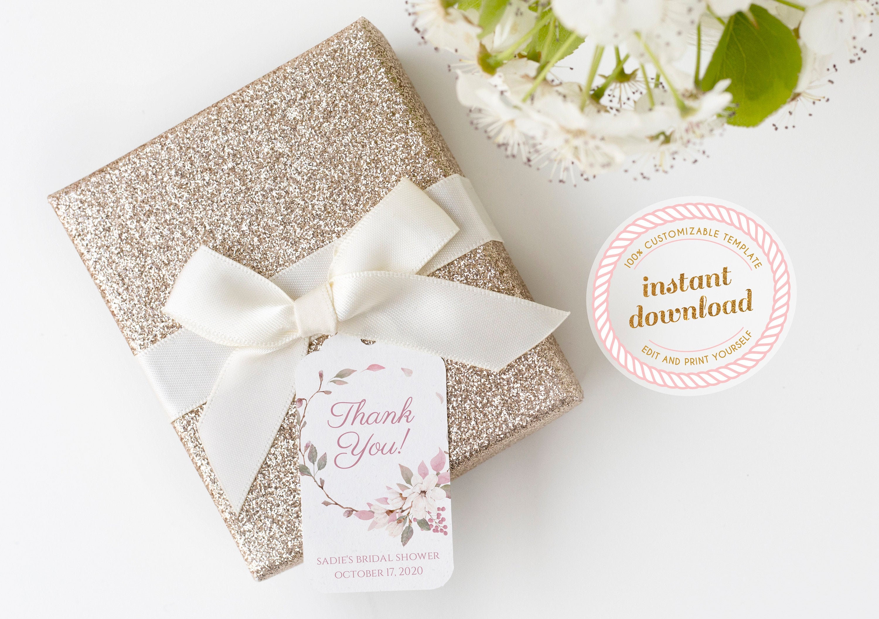 Bridal Shower Favor Thank You Tags With Pretty Pink Flowers Two Sizes