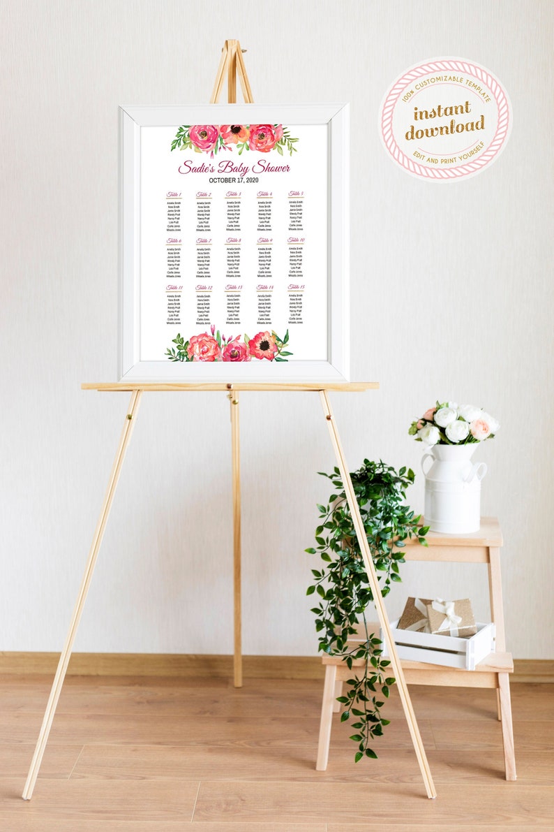 Template Only INSTANT DOWNLOAD 4 Sizes Included Printable Baby Shower Seating Chart with Pink Posies Editable Template