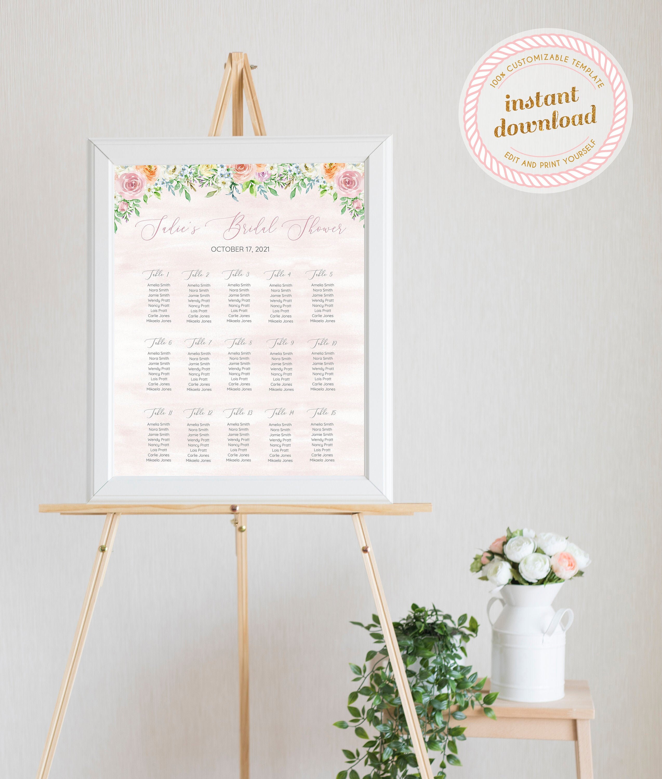 Bridal Shower Seating Chart Pink Watercolor & Flowers INSTANT DOWNLOAD