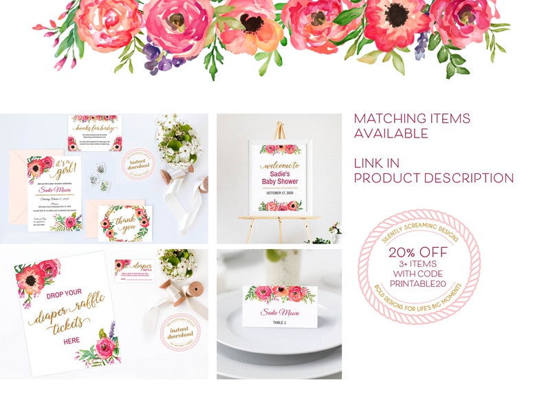 Template Only INSTANT DOWNLOAD 4 Sizes Included Printable Baby Shower Seating Chart with Pink Posies Editable Template