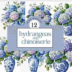 May include: Twelve digital clipart images of blue and white hydrangeas in blue and white chinoiserie vases. The images are 300 DPI and are for commercial use.  High Quality PNG.