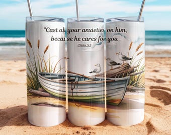 Bible Verse Boat Tumbler Wrap PNG – 20 oz Skinny Straight (9.3″×8.2″), Christian Sublimation Design, POD/Commercial Use