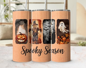 Halloween Tumbler Wrap Digital Download, Spooky Season Sublimation Design, Ghost Scarecrow Bats Castle 300 DPI, Commercial Use