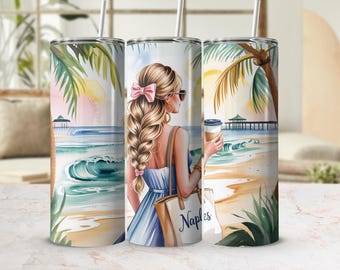 Naples Beach Girl Digital Tumbler Wrap, Instant Download, 300 DPI, Commercial Use, Beach Scene, Girl with Coffee, Summer Vibes