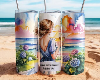 Sunset Lady Tumbler Wrap, Beach Skinny Tumbler PNG, Summer Sublimation Designs, Hydrangea Tumbler Wrap, Digital Download