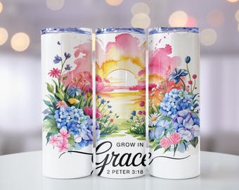 Grow in Grace Tumbler Wrap Digital, Watercolor Flowers, Sunset, 2 Peter 3:18, Instant Download, 300 DPI, Commercial Use