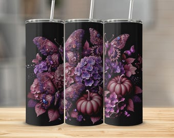 Gothic Glam Hydrangea Pumpkin Tumbler Wrap PNG