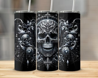 Skull Art Digital Download, Gothic Skull 20oz Tumbler Wrap PNG, Sublimation Design, Dark Floral Skull Art, Black Horror Theme, gothic glam
