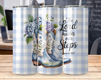 Cowboy Boots Digital Tumbler Wrap, Floral Bible Verse, Proverbs 16 9, Instant Download, 300 DPI, Commercial Use, Digital Product