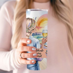 Sunset Sailing Digital Tumbler Sublimation PNGt, Woman with Wine , Watercolor Sunset Printable, Boat Trip Illustration, Ocean View