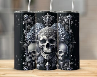 Skull and hydrangeas Tumbler Wrap 20 oz digital download halloween Gothic Glam png commercial use