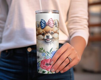 Patriotic Dog Tumbler, 20oz Skinny Wrap PNG, Pomeranian Sublimation Design, USA Bow Tumbler, Digital Download