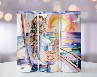 Sunset Tumbler Wrap, 20oz Skinny Tumbler PNG, Watercolor Ocean Sublimation Designs, Yacht Tumbler Wrap, Digital Download, Cape Cod