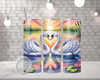 Swan Love Digital Art, Watercolor Sunset, Digital Tumbler Wrap, 300 DPI, Commercial Use, Instant Download