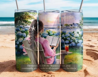 Coastal hydrangeas,, Watercolor Landscape,20 oz tumbler wrap, Digital Download ,Christian Art, Inspirational Quote, ,Faith,Bible